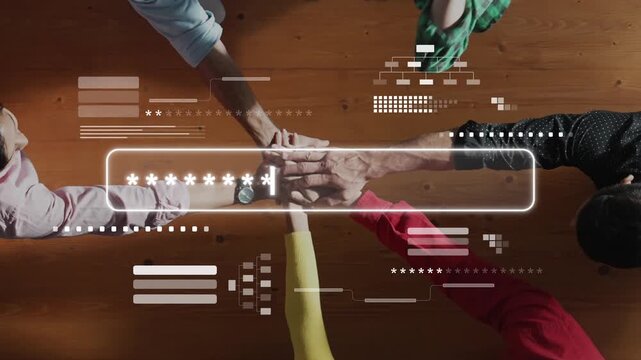A dynamic scene showcasing the engagement of hands in a collaborative environment, overlaying a digital interface with various graphics and symbols on a warm wooden table. Raster