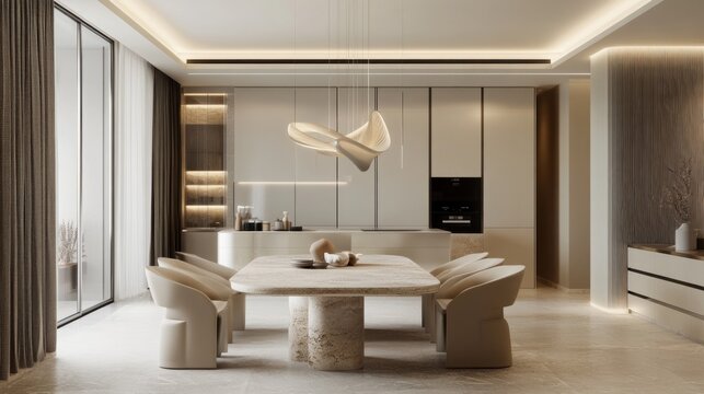 Contemporary dining room, travertine table, sculptural chandelier, neutral palette generative ai