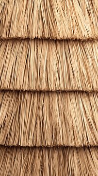 Close-up of layered straw or grass thatch material with detailed texture and natural warm tone