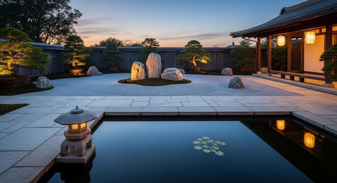 Serenity at dusk Japanese garden with pond and lanterns