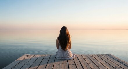 Woman sitting on a wooden pier overlooking a serene ocean at sunset peaceful contemplation