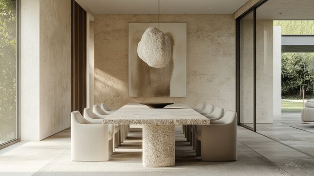 Contemporary dining room, travertine table, sculptural chandelier, neutral palette generative ai