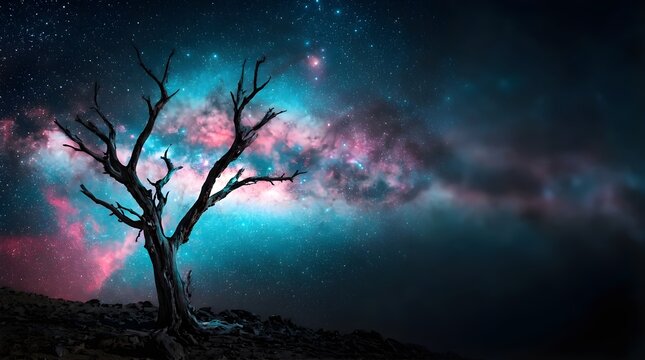 Lone dead tree under a vibrant purple and blue night sky with stars