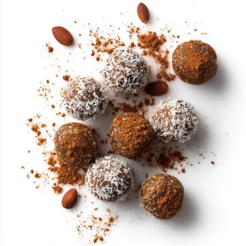 dessert raw almond date energy bites with cacao powder isolated on a white background