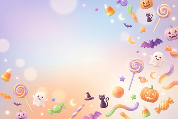 Naklejka premium パステルカラーのハロウィンお菓子背景 Generative AI