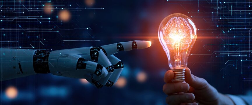 Robot hand touching a light bulb with human hand for ai innovation and technology