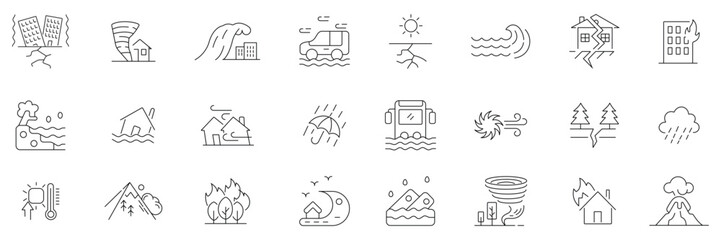 Fototapeta na wymiar Set of disaster and storm Icons. Simple Line Icon Set for Disasters. A collection of line icon indicating natural disasters. Vector illustration.