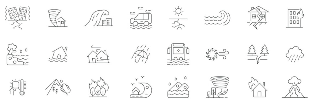 Set of disaster and storm Icons. Simple Line Icon Set for Disasters. A collection of  line icon indicating natural disasters. Vector illustration.