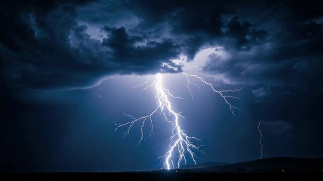 Powerful lightning storm with bright bolts striking over dark landscape at night with dramatic clouds