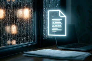 Obraz premium Rainy window workspace with document concept