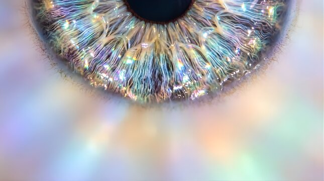 Macro close-up of a human eye iris with colorful holographic light