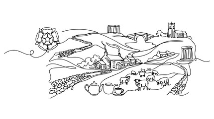 Obraz premium Yorkshire Landscape Line Art: Sheep, Village, Rose & Ruins