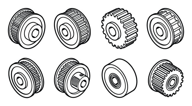 A collection of stepper motor pulleys and timing gears line art.
