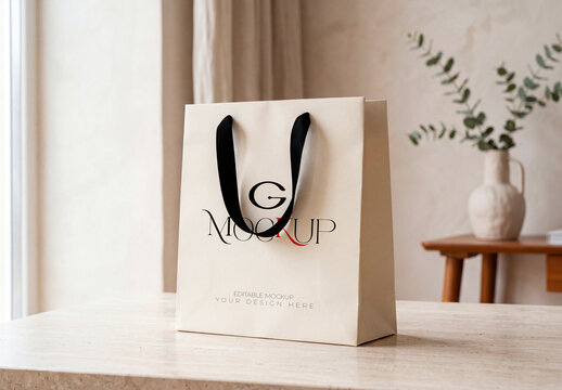 Paper Shopping Bag Mockup on Wooden Table