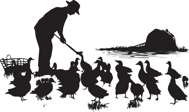 Farmer feeding ducks, silhouette black