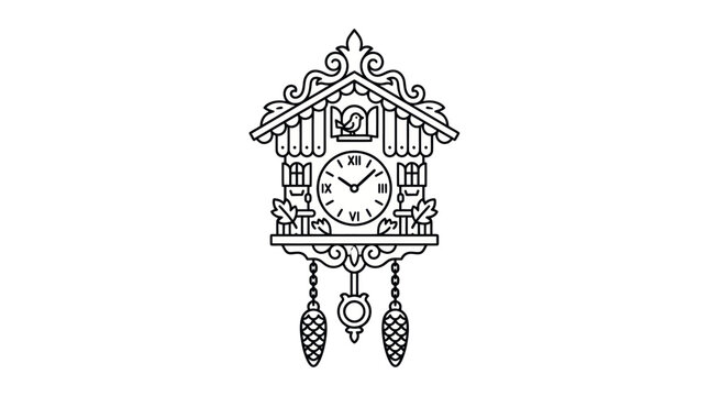 Classic cuckoo clock line art with weights and pendulum.