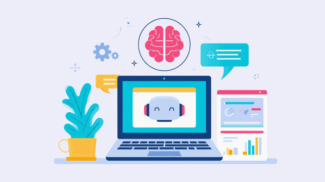 Artificial Intelligence Concept: A visual representation of artificial intelligence featuring a laptop displaying a friendly robot avatar, a brain icon, and data analytics charts.