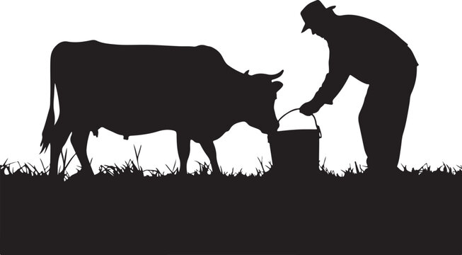 Silhouette of a farmer feeding a cow from a bucket in a field