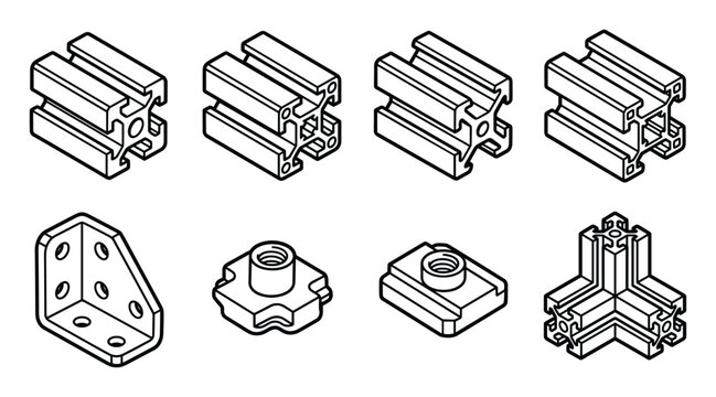 Aluminum T-slot extrusion profiles and assembly hardware vector icons