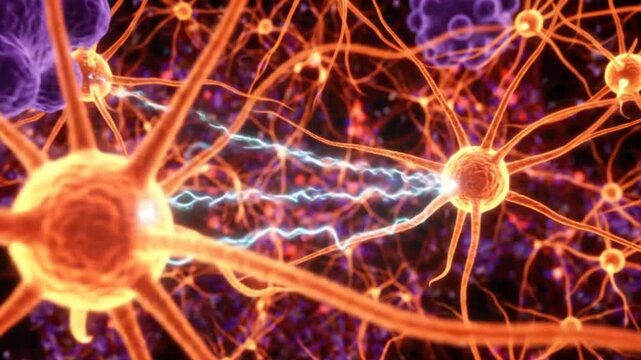 Microscopic View of Glowing Orange Neuron Network with Purple Background