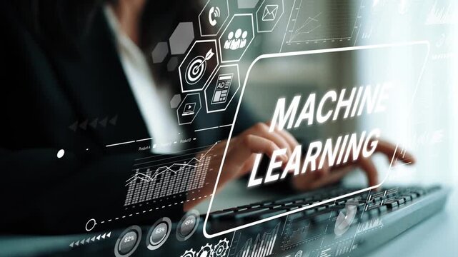 Conceptual Image of Machine Learning Technology with Interactive Digital Interface Displayed on a Laptop in an Office Setting. Asymptotic smart data analytic.