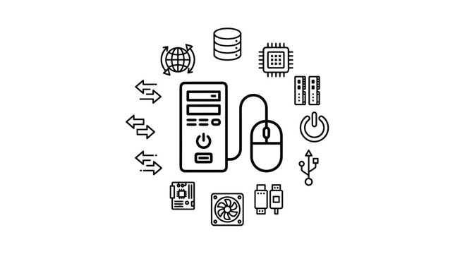 Desktop tower surrounded by internal hardware component icons.