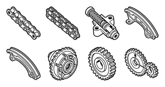 Automotive engine timing chain system components gears and guides.