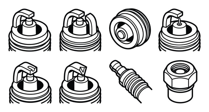 Automotive spark plug parts line art vector icons collection