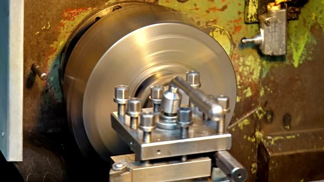 Turning lathe machine operating in industrial metalworking factory workshop during precision engineering manufacturing process in 4K Ultra HD footage.
