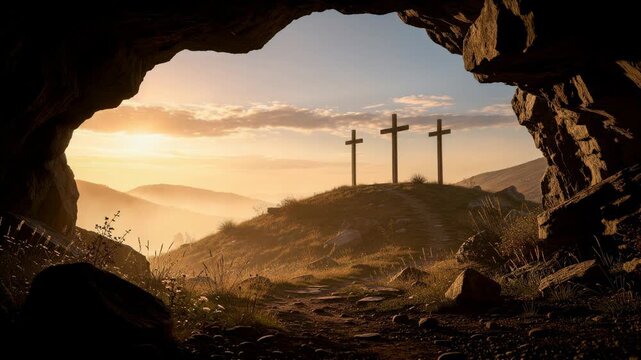 Sunset view of three crosses on a hill seen from inside a rocky cave with scenic mountains and mist