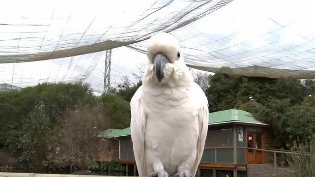 Close-up of a curious white cockatoo perched on a wooden railing in an aviary
