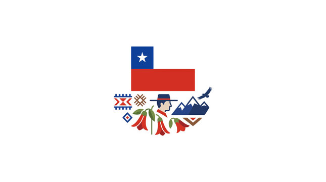 Chilean Map Silhouette with National Flag and Cultural Symbols