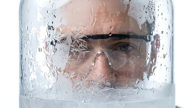 Man in safety goggles looking through a frosted glass jar
