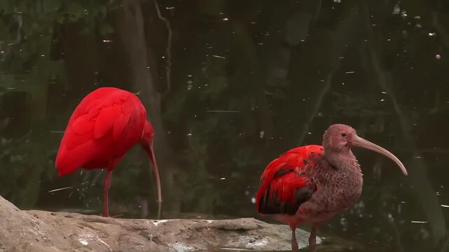Vibrant scarlet ibis bird preening and standing by tranquil water's edge