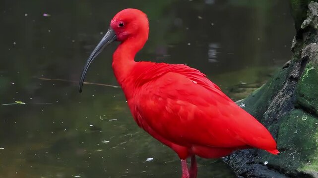 Vibrant scarlet ibis bird with striking red plumage stands near water