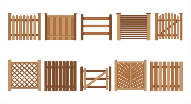 Wooden fence variations vector illustration on a white background fences wood barrier enclosure garden yard picket lattice slatted chevron herringbone panel outdoor structure property line