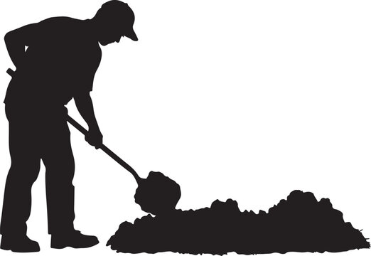 Silhouette of a man digging with a shovel, pile of dirt