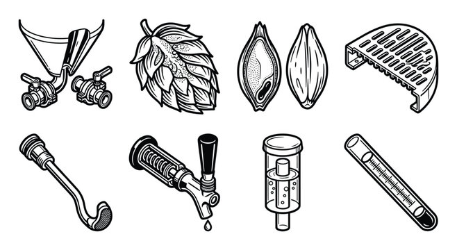 Black and white line art brewing beer icons collection for craft beverage production