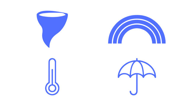Modern vector icons including temperature, rainbow, funnel cloud, and umbrella weather symbols.