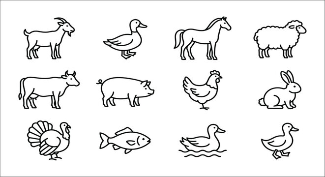 Farm animal silhouettes on a white background a collection of linear illustrations agriculture barnyard black and white chicken cow domestic animal drawing duck farm life fish flat goat graphic