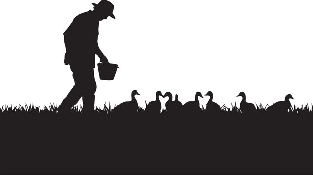 Silhouette of a man feeding geese in a grassy field