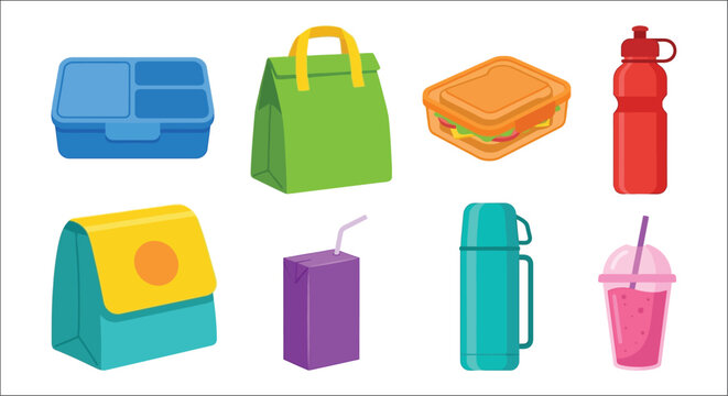 Collection of lunch containers and drinkware flat vector illustration on a white background lunchbox box meal container food storage tiffin carrier reusable water bottle sports
