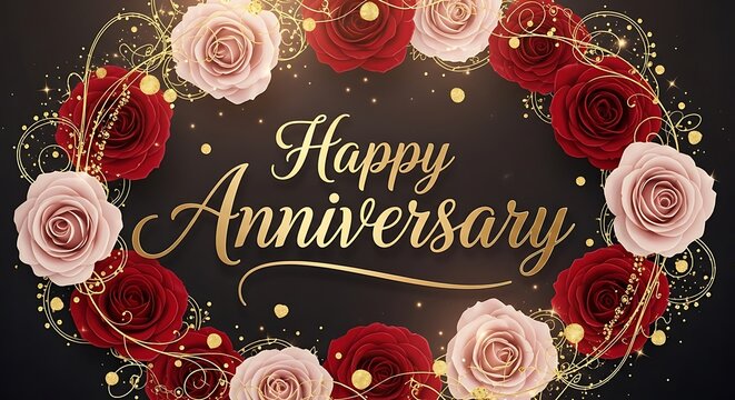 Luxurious Happy Anniversary Floral Card with Gold Script
