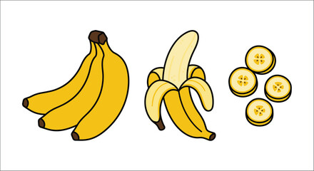 Bananas and slices a colorful vector illustration on a white background banana fruit fruits yellow tropical peeled pieces graphic digital flat cartoon isolated simple healthy © vectors home