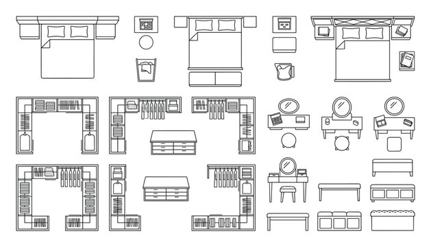 Vector floor plan icons: beds, dressers, vanity tables, and closet systems