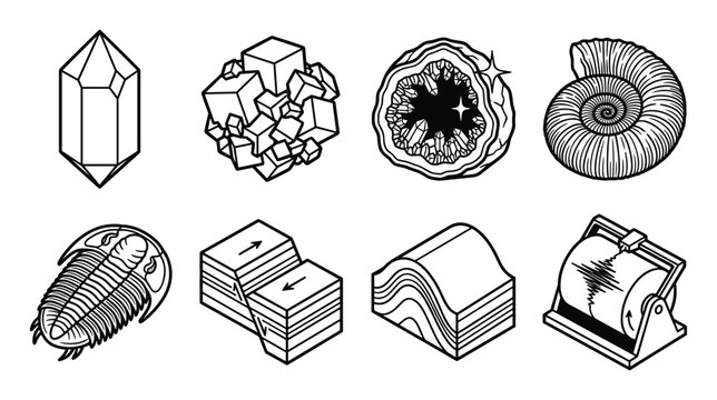 Black line art vector illustrations of geology, minerals, crystals and fossils.