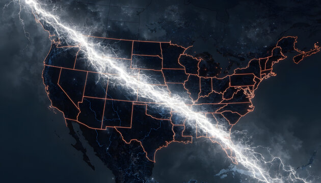 Conceptual illustration of a massive lightning bolt or energy beam cutting across the map of the united states of america