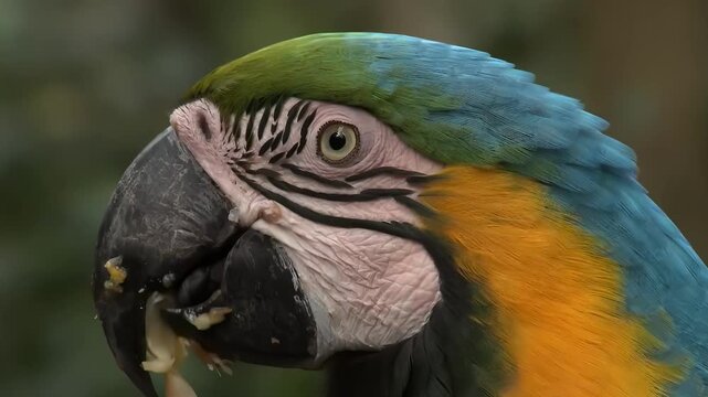 Close-up of a Blue and Gold Macaw Parrot Eating Fruit in Natural Light