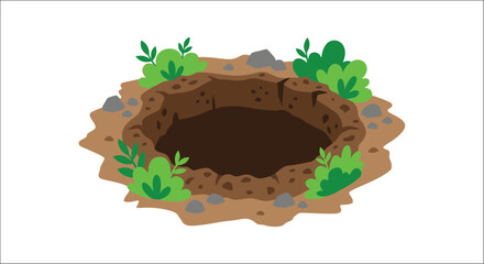Dirt hole with vegetation and rocks flat vector illustration on a white background ground opening excavation pit depression earth soil greenery foliage leaves stones pebbles © vectors home