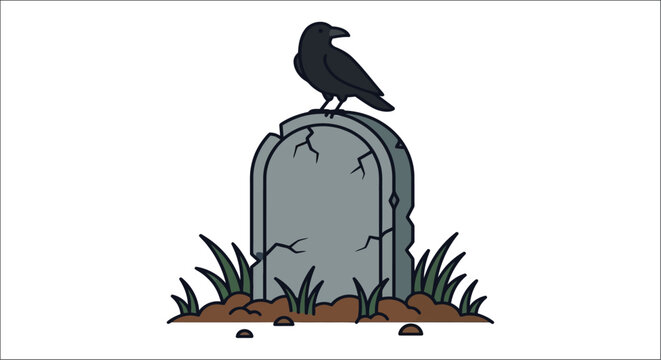 Gravestone with a black raven perched atop a flat vector illustration on a white background tombstone headstone graveyard cemetery crow bird stone memorial death grief